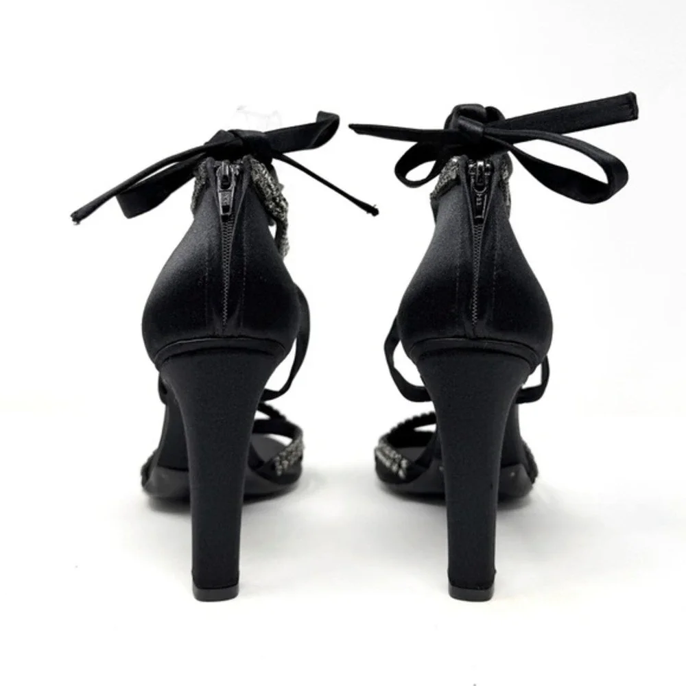 Gucci Black Satin Crystal Heels‎ Strappy Evening Shoes US 8.5